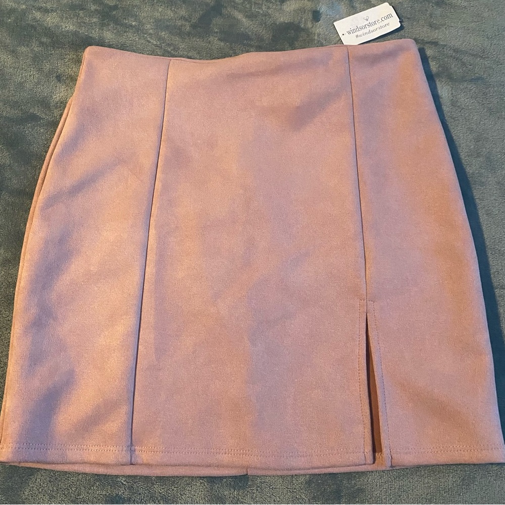 Light Pink faux suede mini skirt with slit